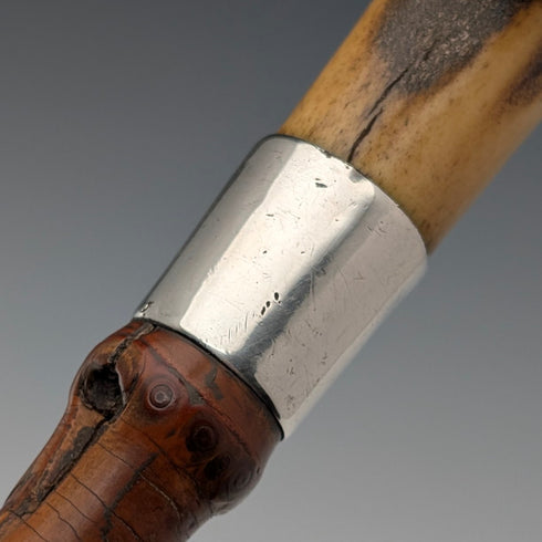 1901年 英国アンティーク バンブーシャフト L字アントラーハンドル 純銀装飾 ステッキ 杖 81cm